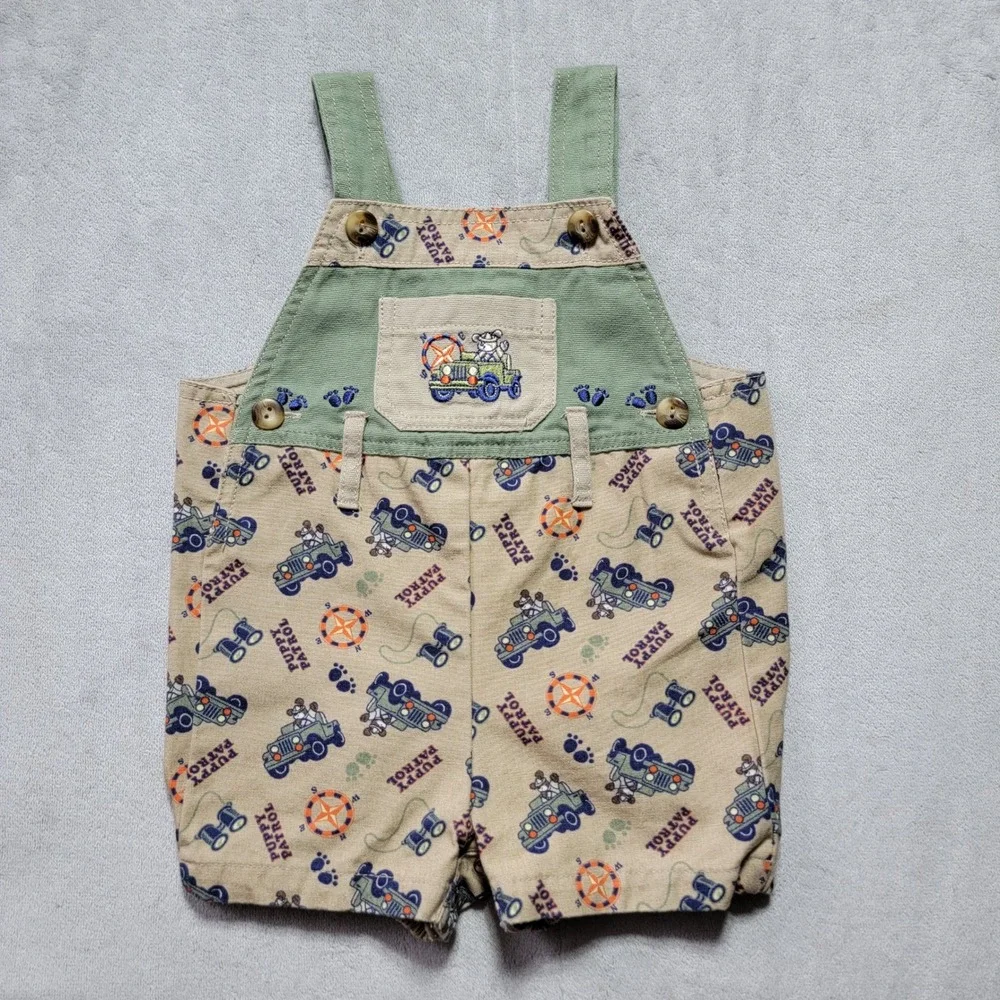 b.t. kids Vintage Puppy Patrol Jeep Shortall Overalls Khaki Green 6-9‎ Months